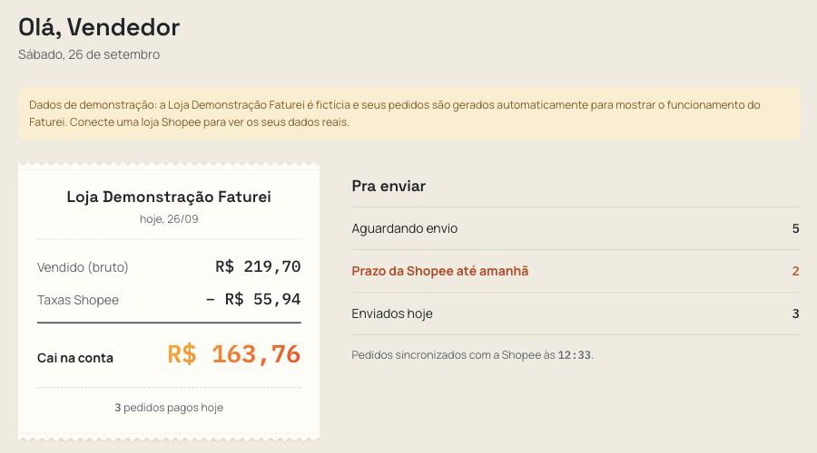Visão geral do portal: fita com vendido, taxas e o que cai na conta hoje, e a lista do que falta enviar
